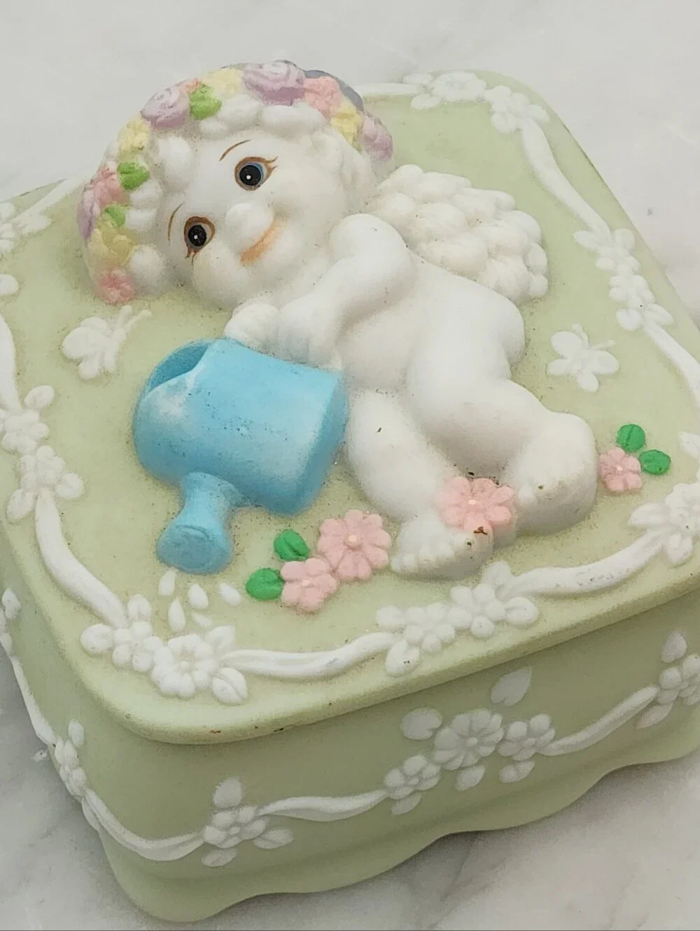Vintage Dreamsicles Trinket Box Ring Box Cherub Floral Garden Green White 2